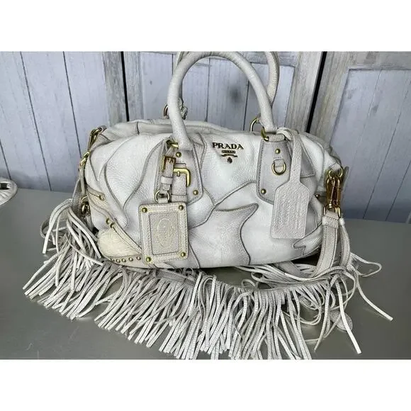 Prada Taupe Gold Leather Antik Cervo Fringe Large Bowler Bag Top Handle - Picture 1 of 16